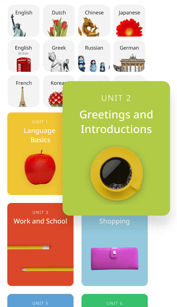 Rosetta Stone language learning units displayed on a screen, featuring 'Language Basics' and 'Greetings and Introductions' for various languages.